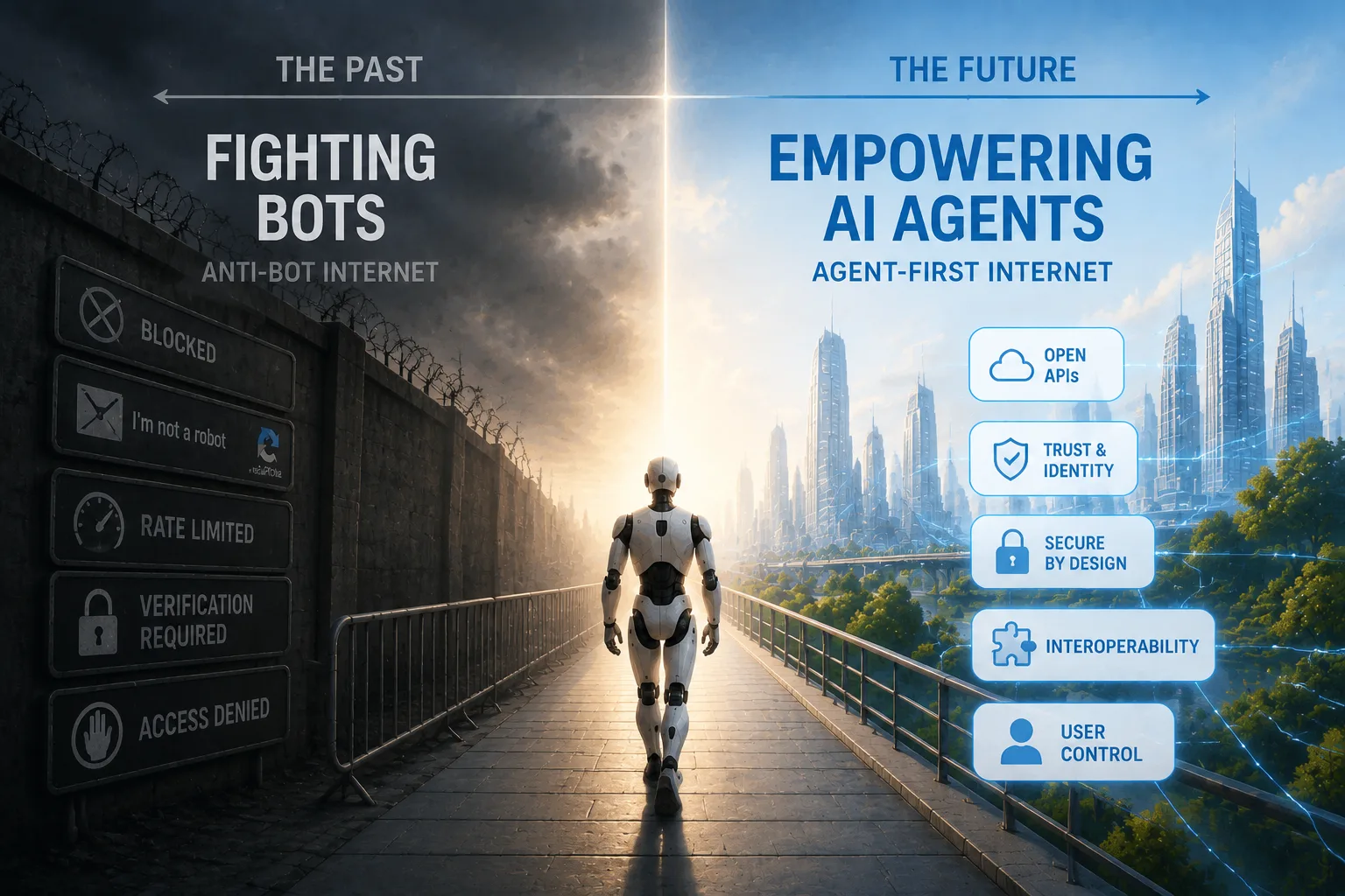 A robot walks from a dark anti-bot internet of blocked access and verification barriers toward a bright agent-first internet built around open APIs, trust, security, interoperability, and user control