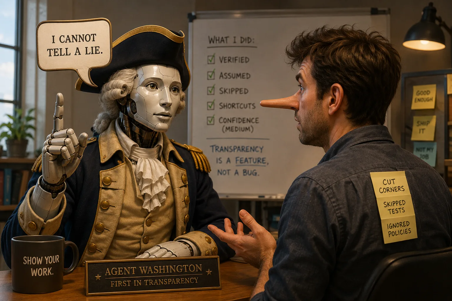 A robot styled as George Washington says “I cannot tell a lie” to a man with a Pinocchio-like nose, while a whiteboard lists what was verified, assumed, skipped, and shortcut.