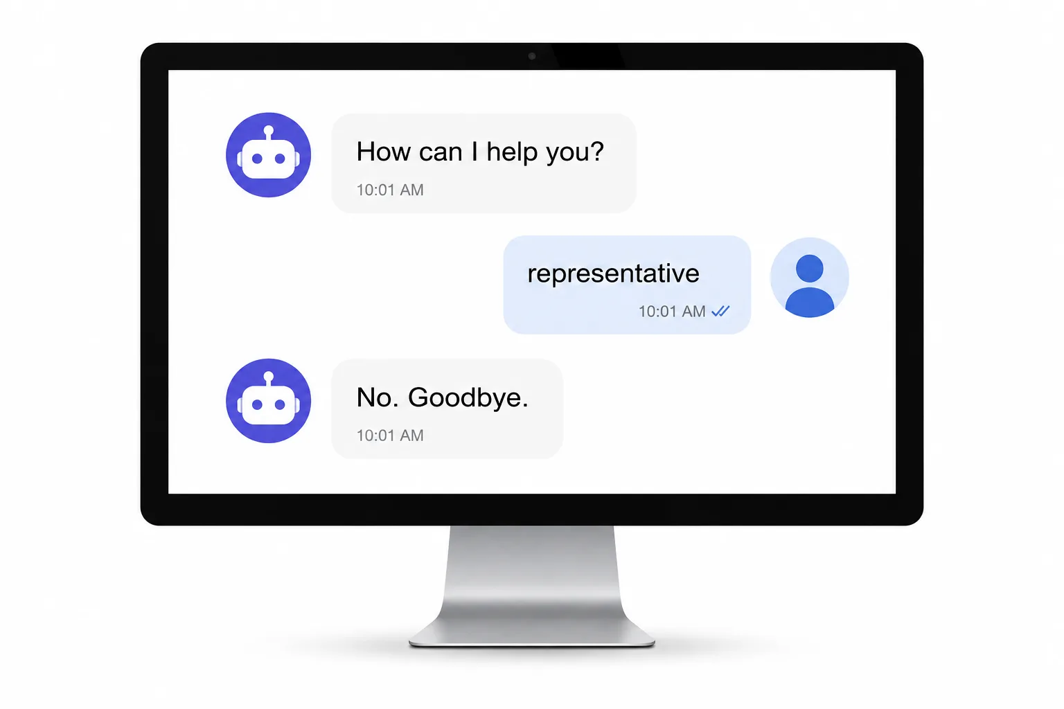 A computer screen shows an AI support bot refusing a customer request to speak with a representative.