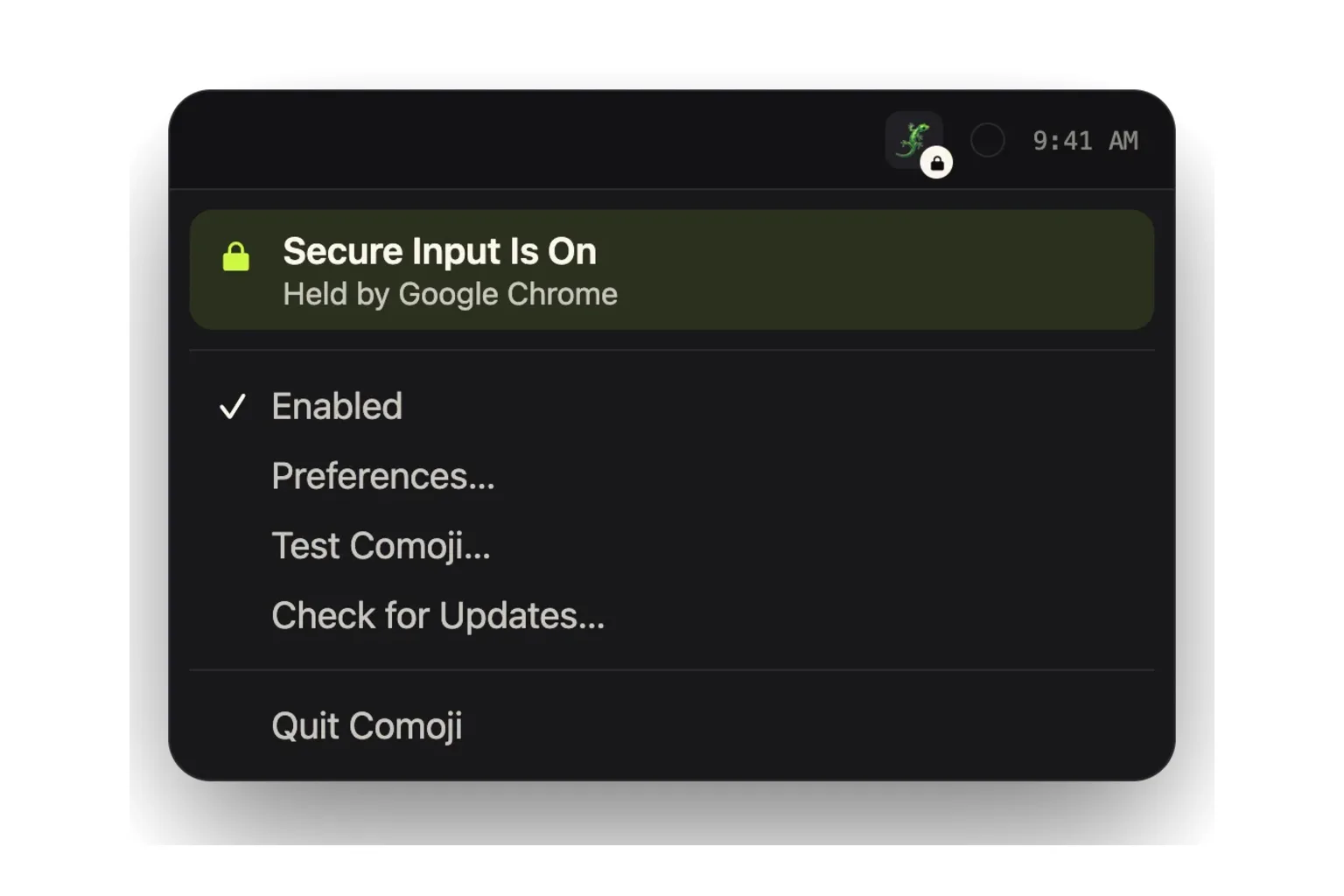 Mac 上の Comoji のメニューバーメニュー。トレイアイコンに鍵のバッジが付き、Secure Input Is On, Held by Google Chrome というバナーが表示されている。