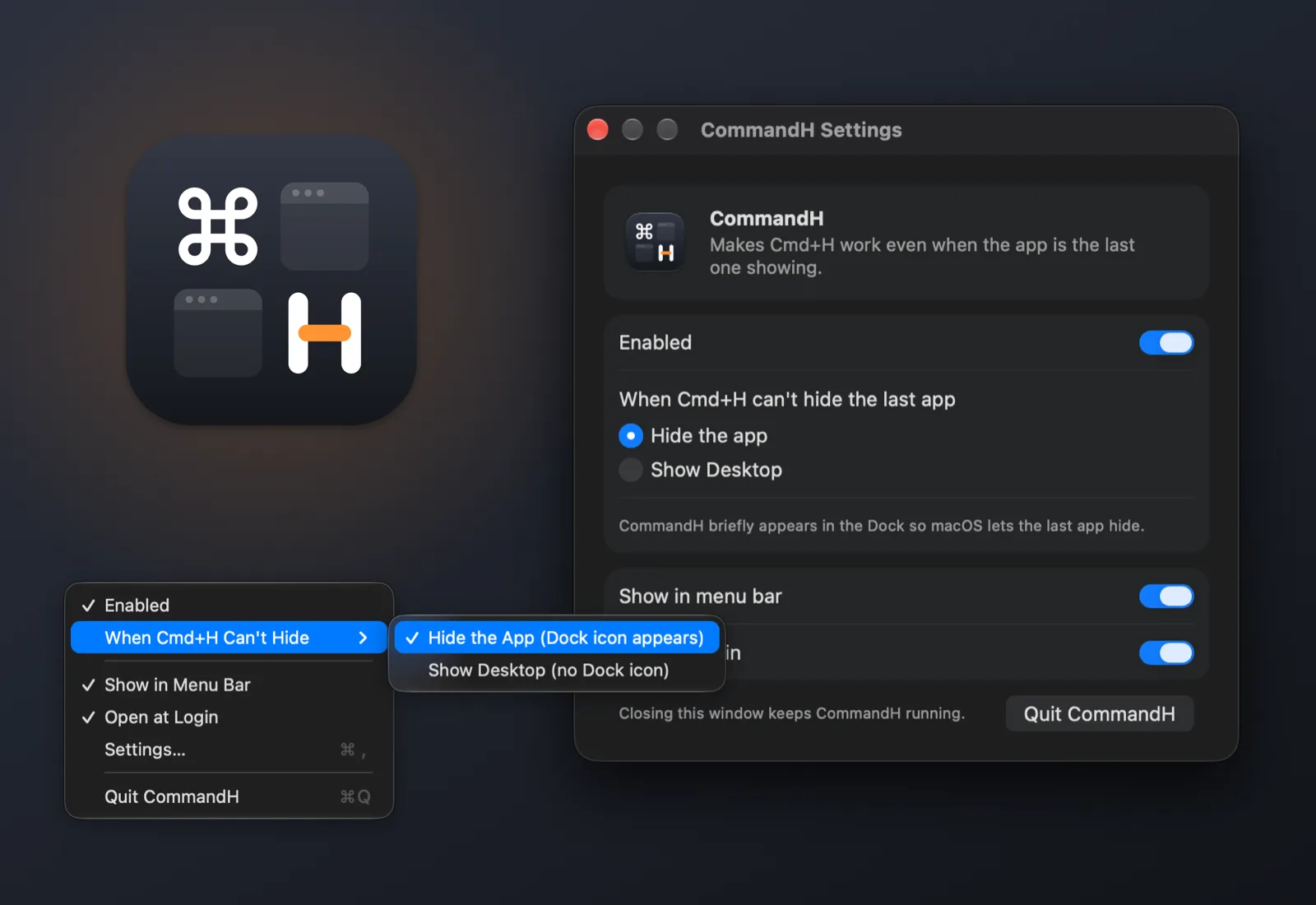 CommandH, die Menüleisten-App für den Mac, mit der Cmd+H die letzte sichtbare App ausblendet: App-Symbol, Einstellungsfenster und Menüleistenmenü