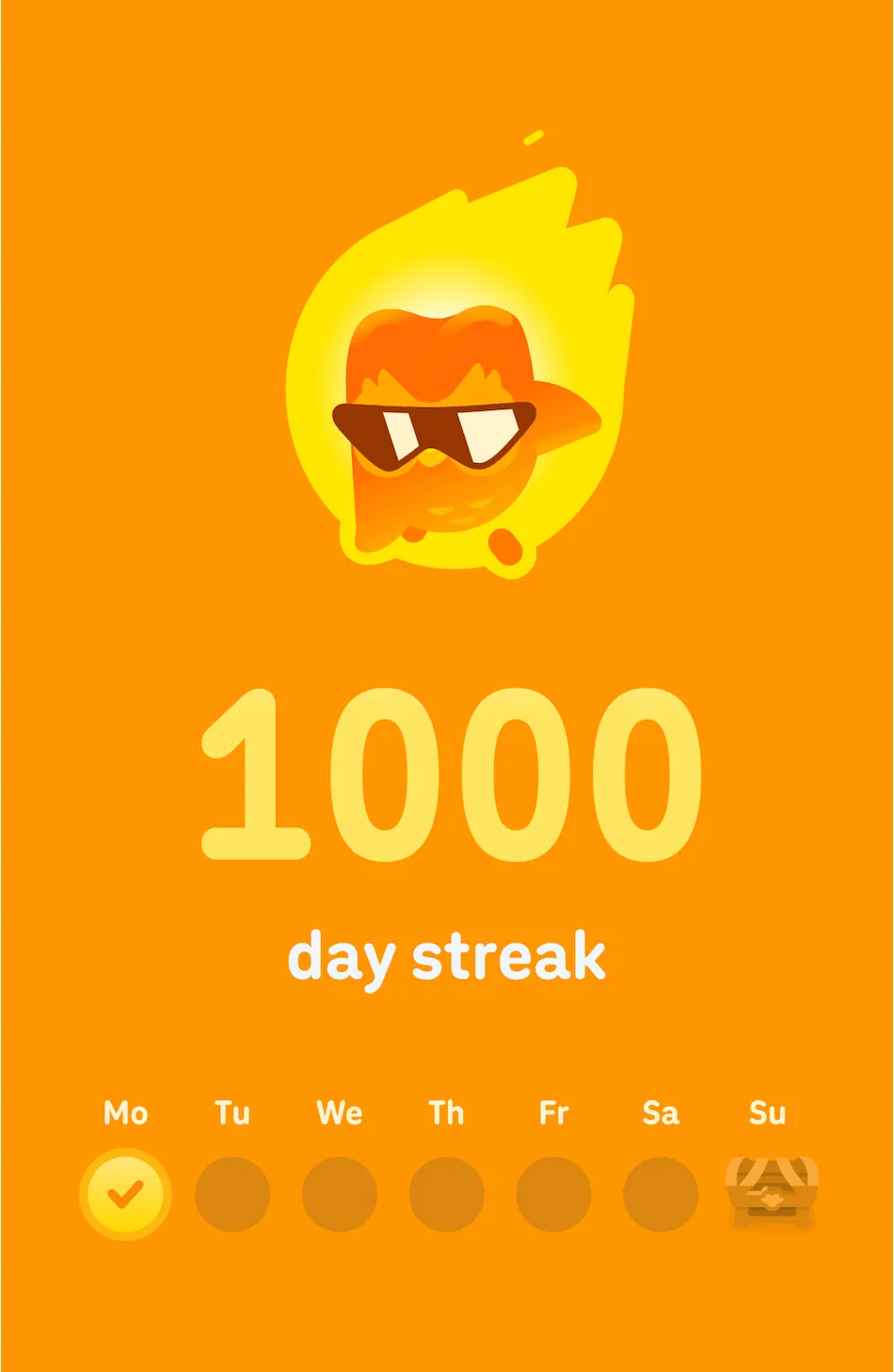 Duolingo screen celebrating a 1,000 day streak with the owl mascot in sunglasses