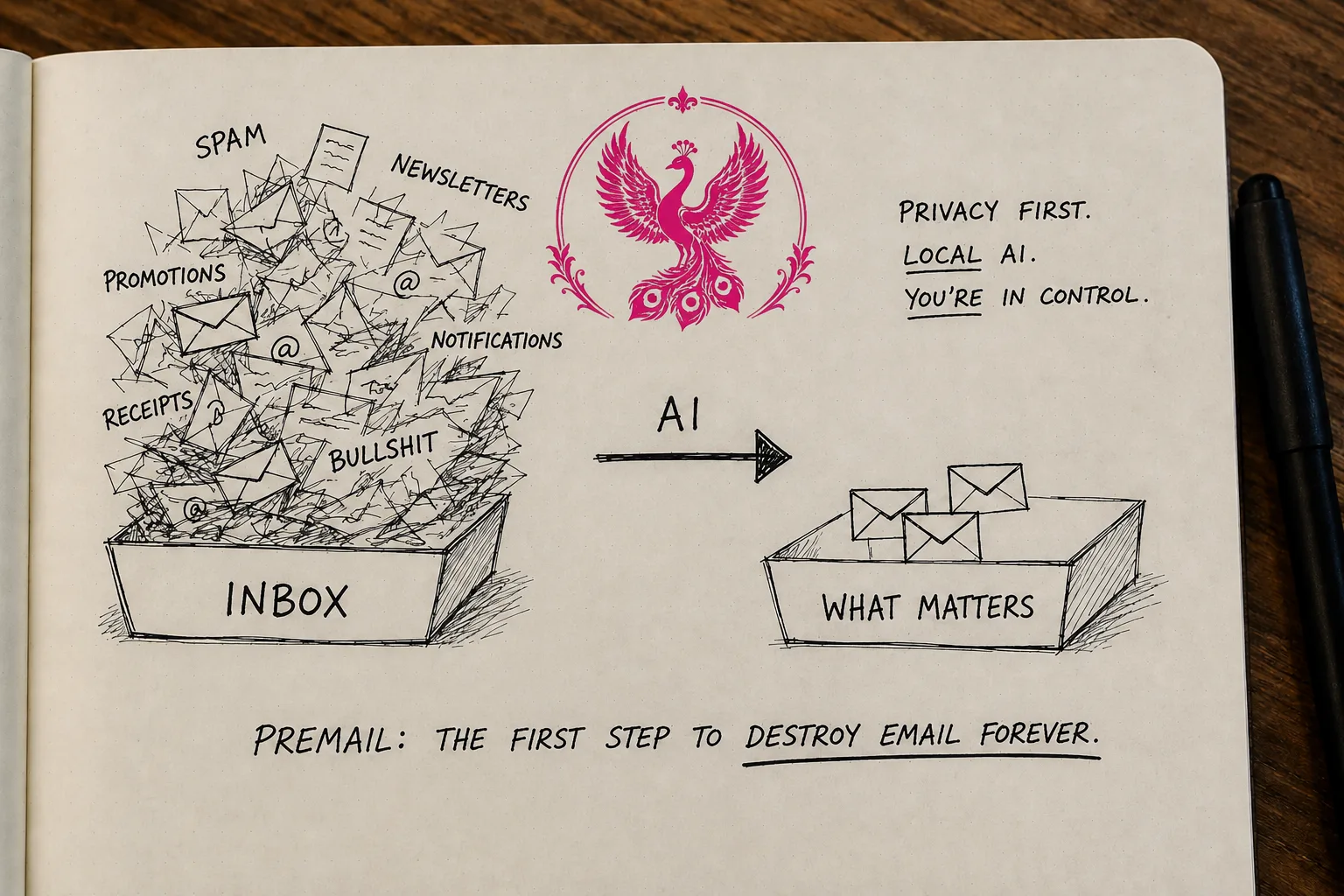 A notebook sketch shows AI filtering an overflowing inbox into a small tray labeled what matters, alongside Premail privacy-first and local-AI messages.