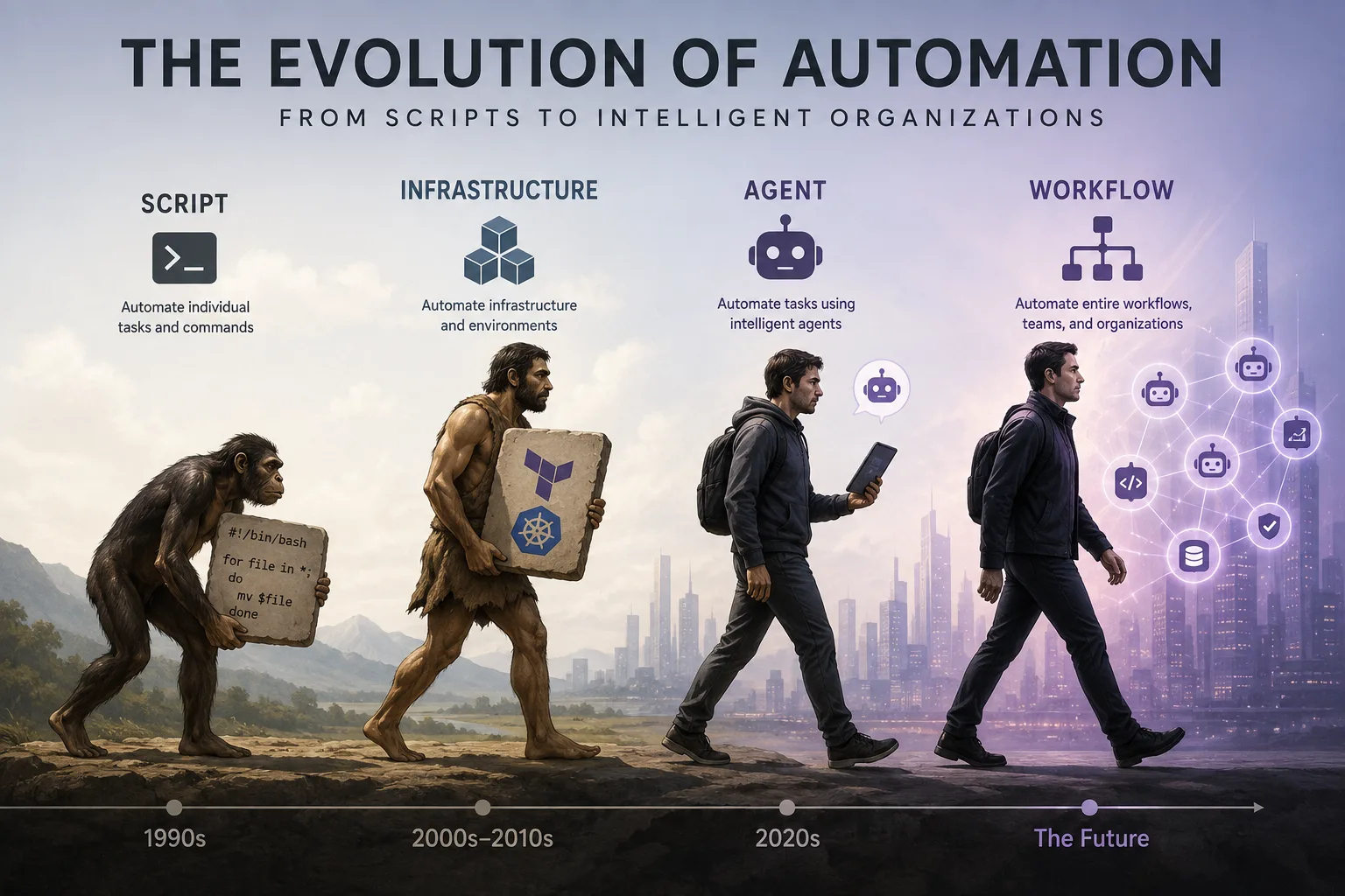 An illustrated evolution from a shell-script-writing primate through infrastructure and AI agents to a person orchestrating an intelligent organization.