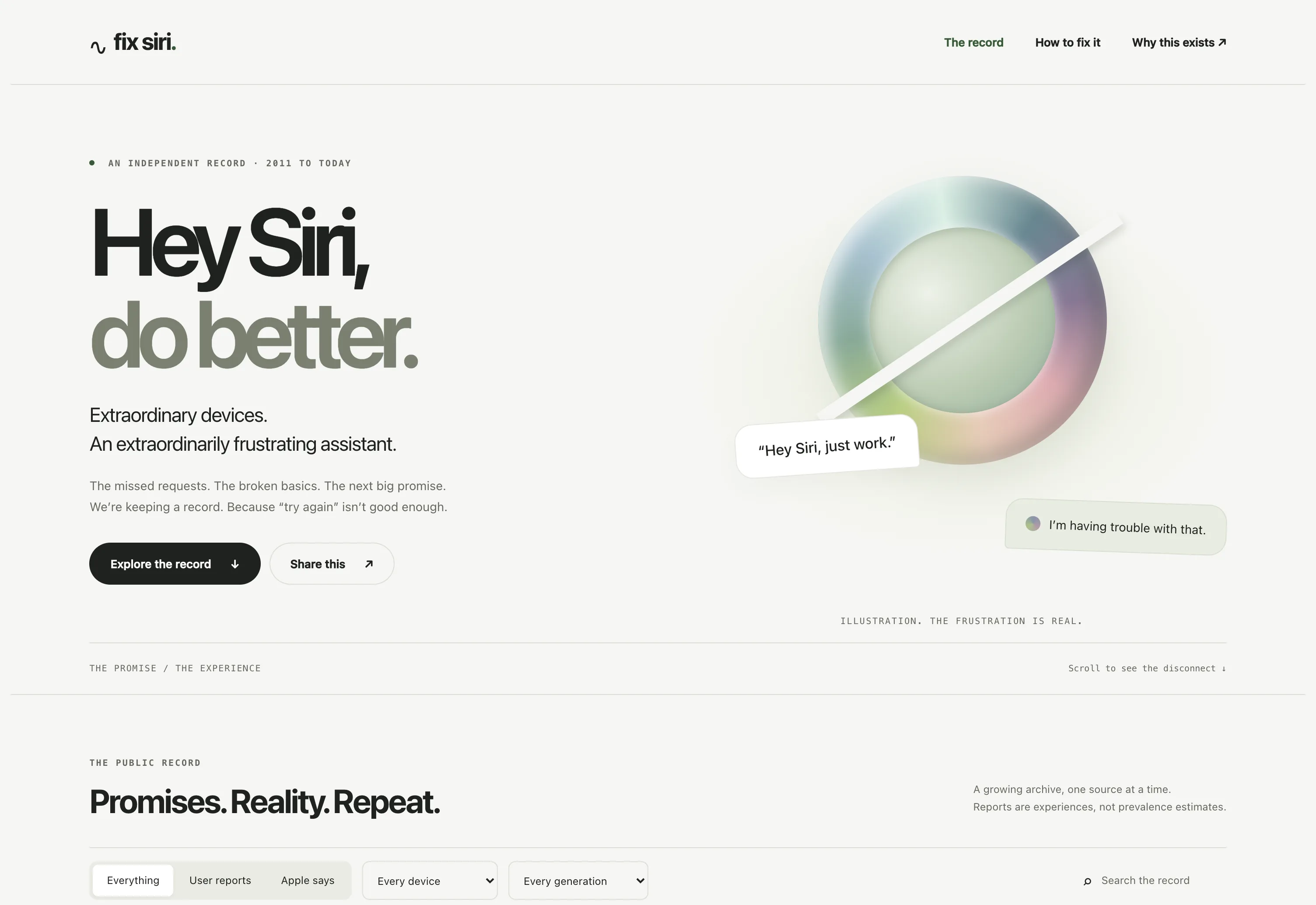 Fix Siri, ein unabhängiges Archiv von Siri-Erfahrungen, mit der Überschrift „Hey Siri, do better.“ über einem filterbaren öffentlichen Verzeichnis