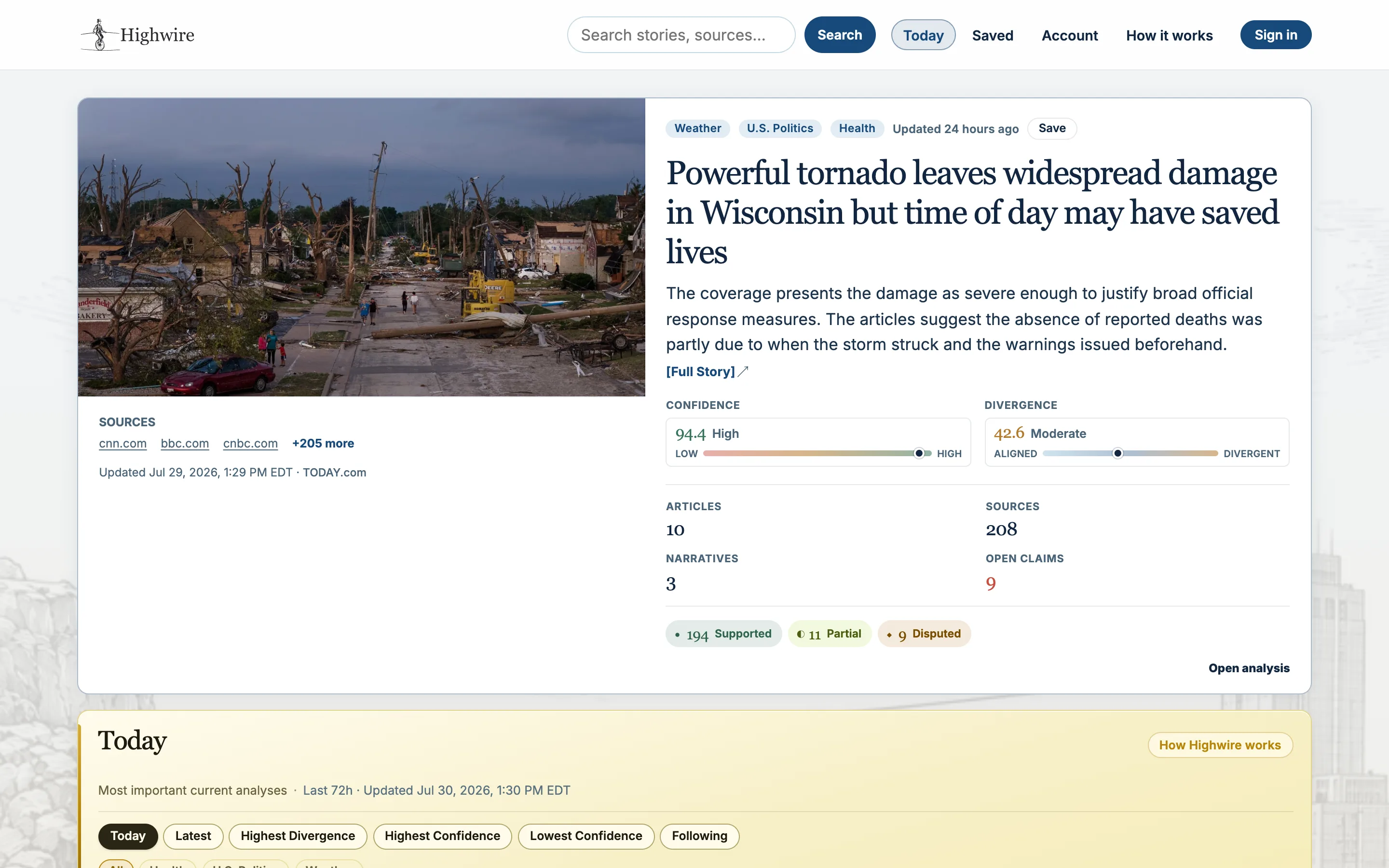 Highwire, a news analysis story page showing confidence and divergence scores across sources