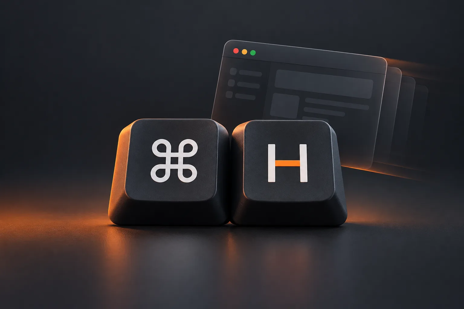 Charcoal Command and H keys with an orange accent, in front of a fading app window.