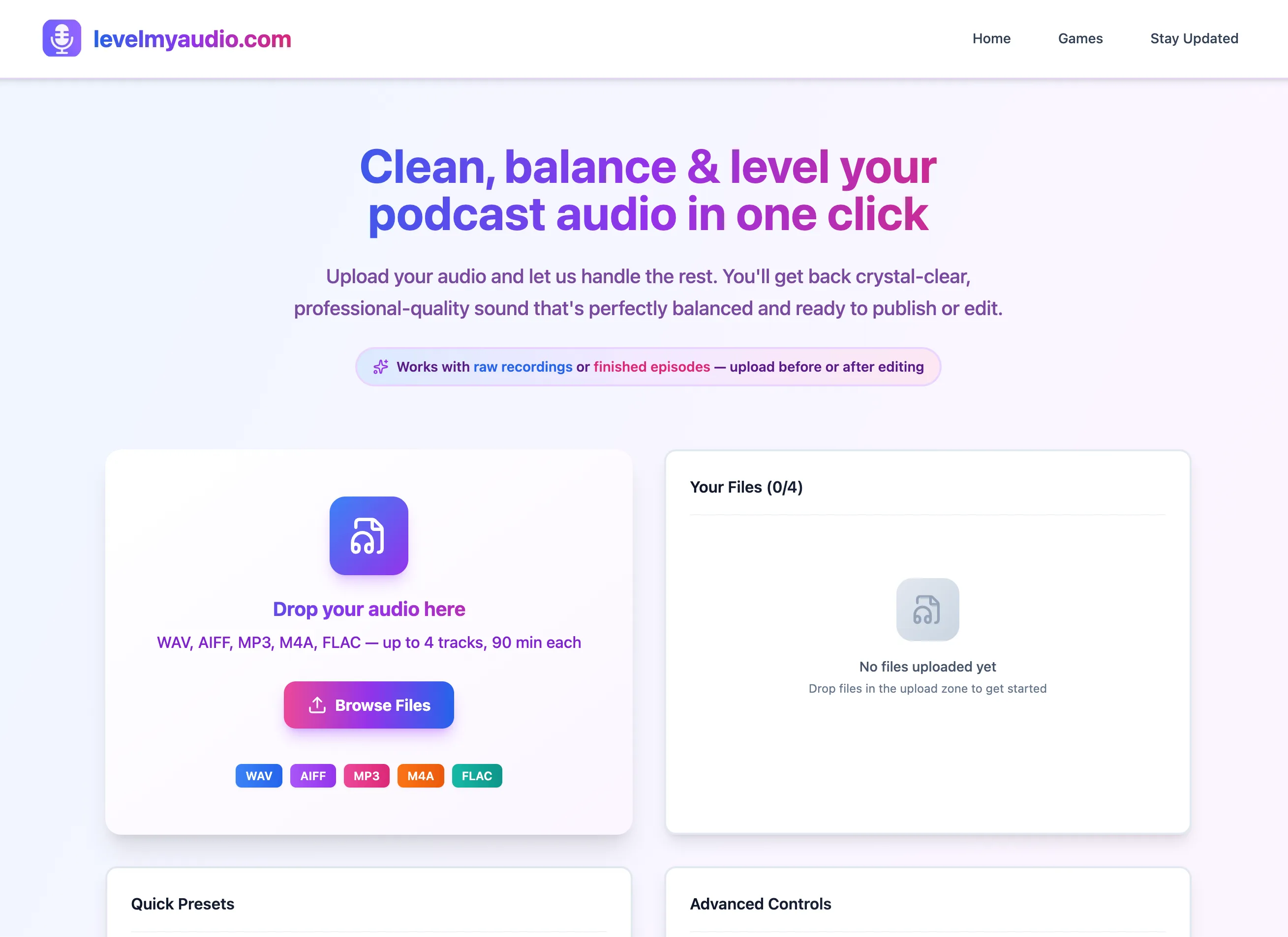 Level My Audio, one-click podcast audio cleanup and leveling web app