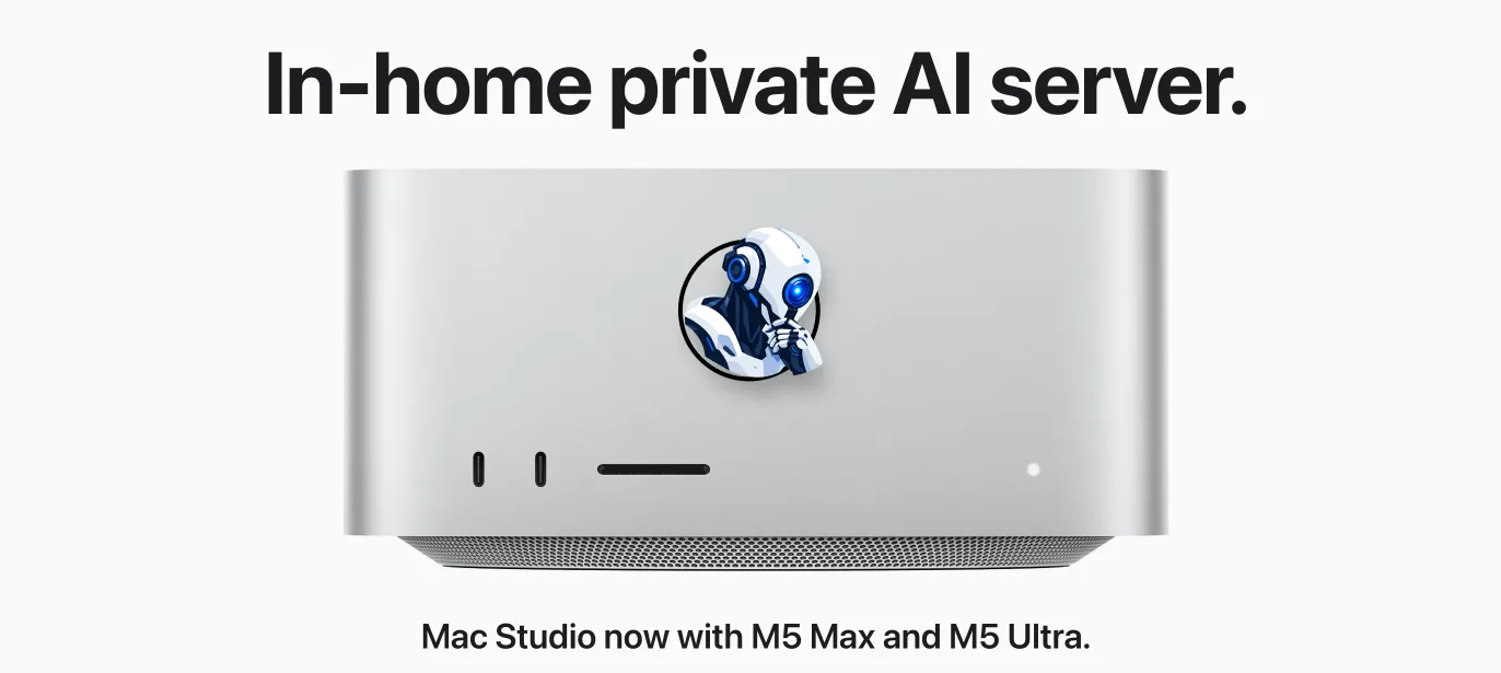 An Orgabot icon appears on a silver Mac Studio beneath the headline “In-home private AI server.”