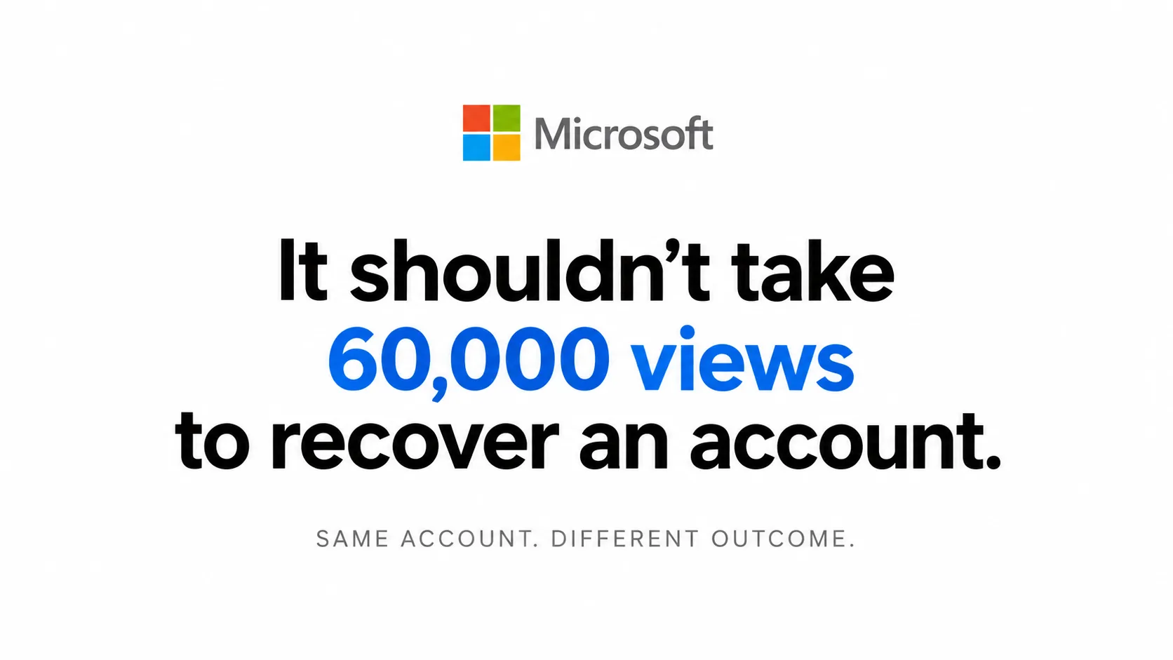 Microsoft logo above the message: It should not take 60,000 views to recover an account. Same account. Different outcome.