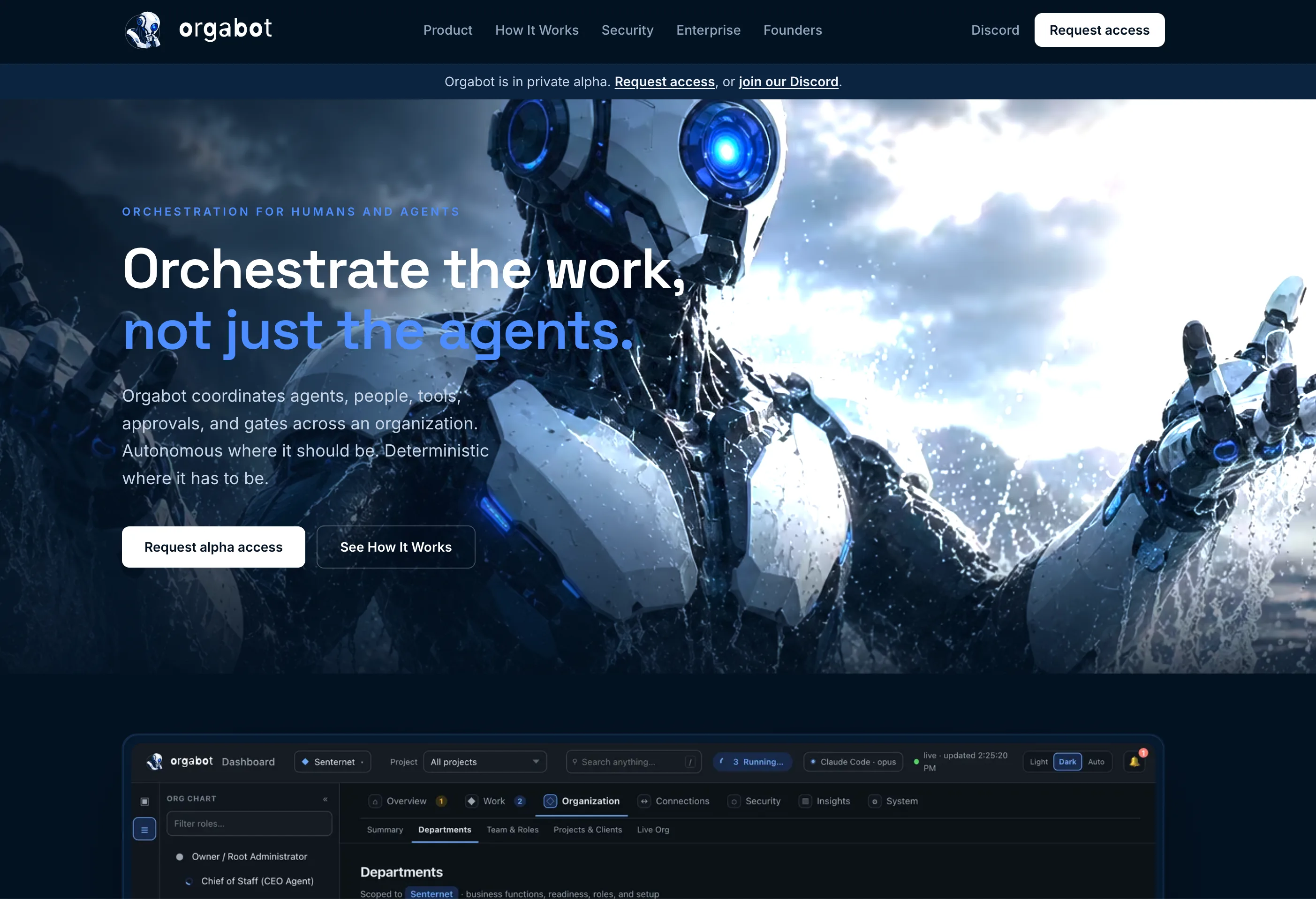 Orgabot website showing a robot and the message “Orchestrate the work, not just the agents.”