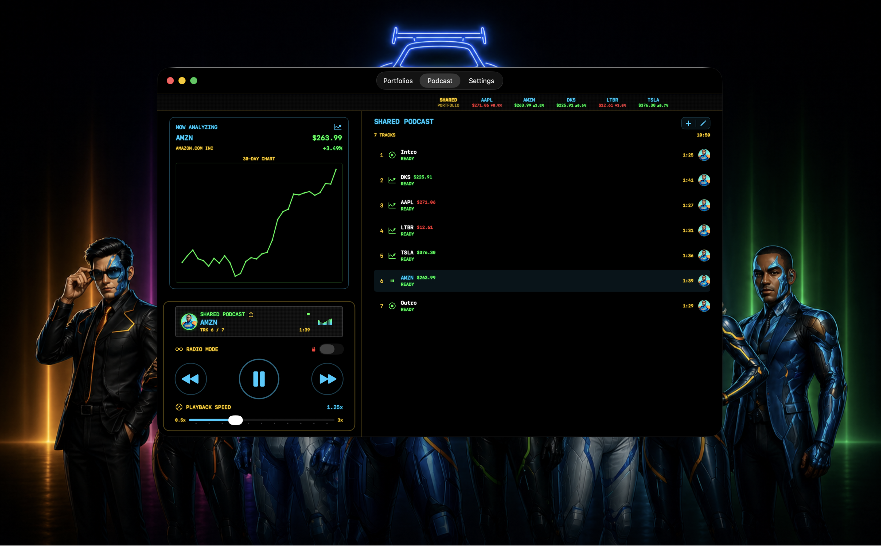 StockCar app interface — neon-styled portfolio podcast UI