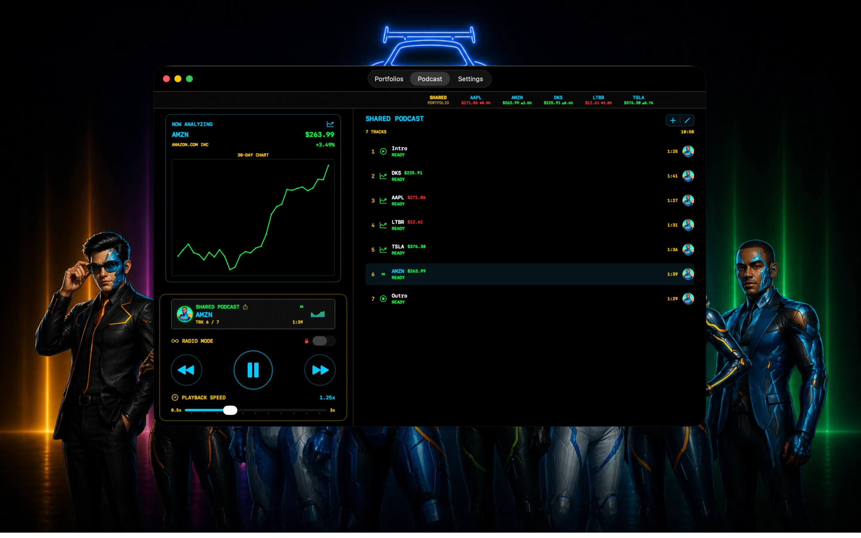StockCar app interface, neon-styled portfolio podcast UI