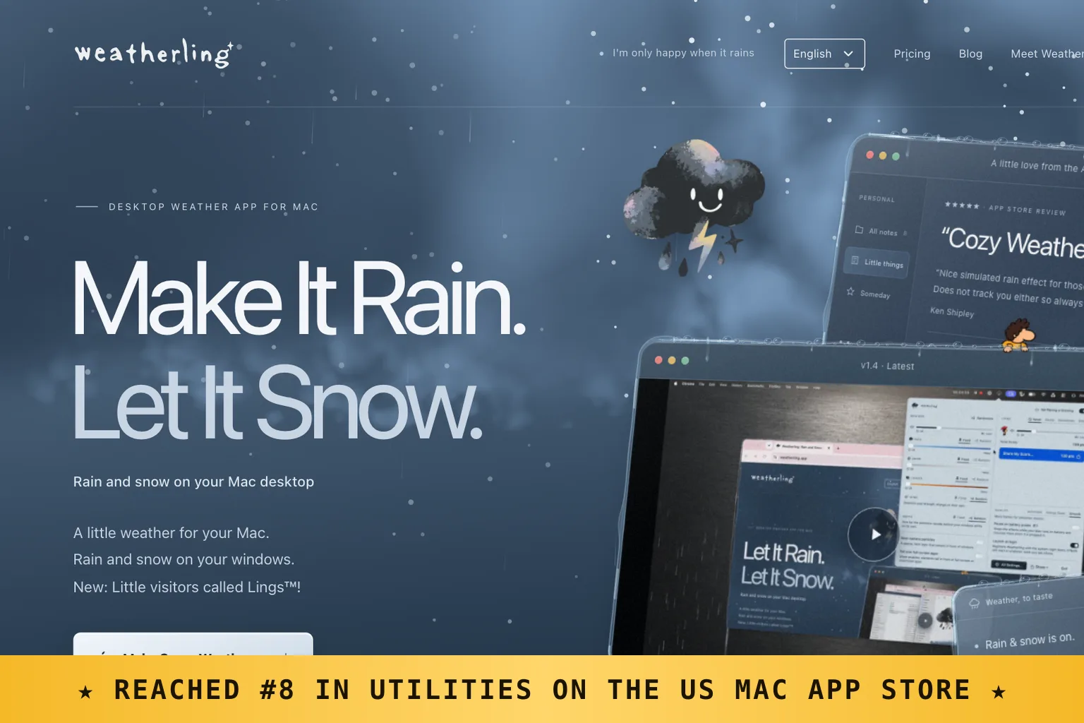 Rain falling over the Weatherling website, with a gold banner celebrating eighth place in Utilities on the US Mac App Store.